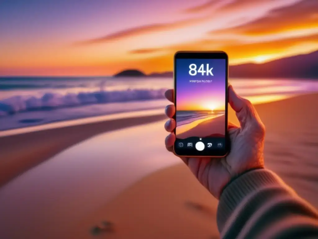 Consejos viajero senior con smartphone: app 8k, playa, atardecer
