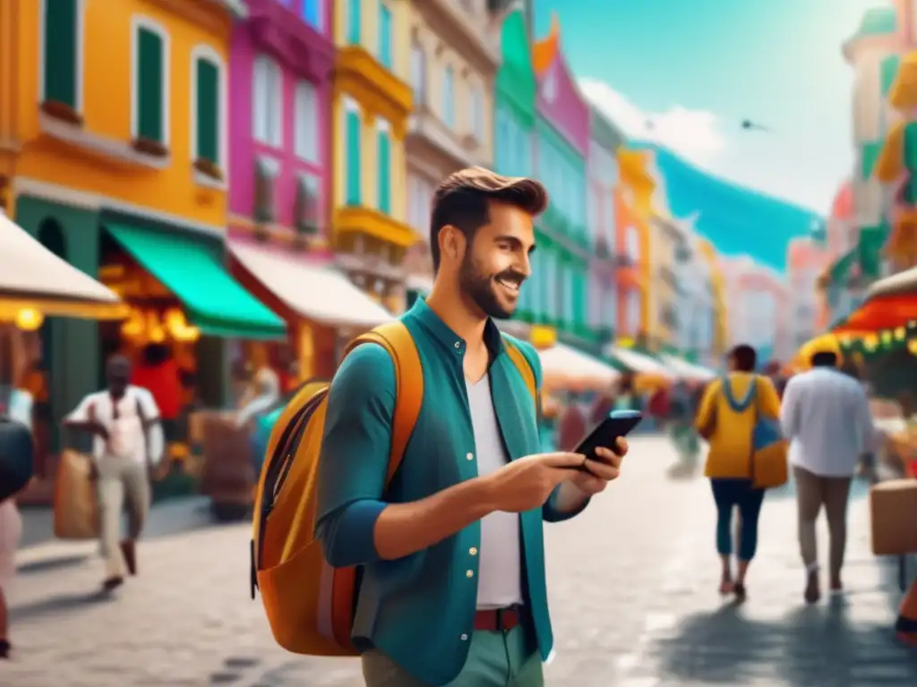 Viajero en calle vibrante con mapa y smartphone Consejos para gestionar gastos de viaje en el extranjero