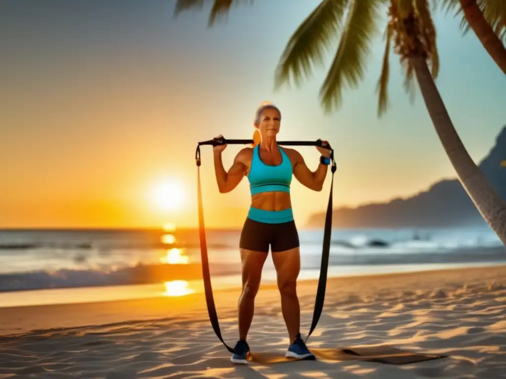 Viajero fitness en playa paradisíaca con palmeras Viajero maduro en ejercicio de resistencia en playa con palmeras
