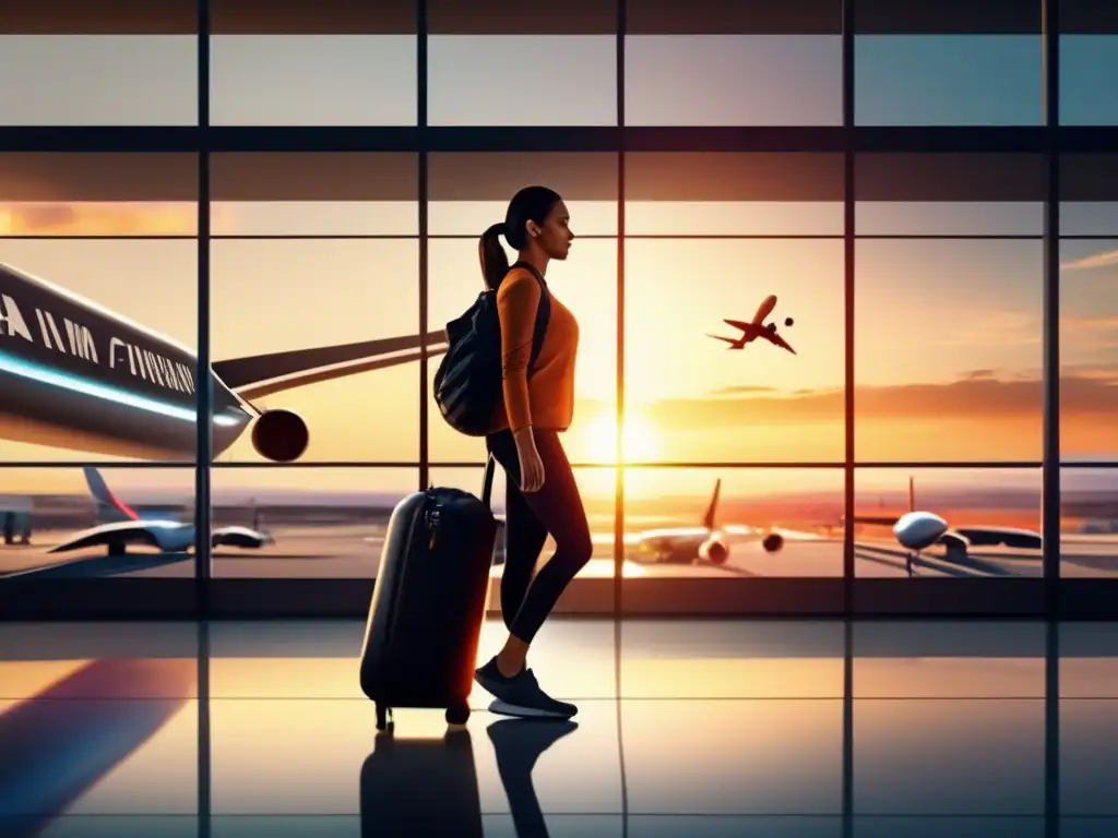 Viajero en aeropuerto haciendo estiramientos Ejercicios de flexibilidad para viajes seguros en aeropuerto moderno al atardecer