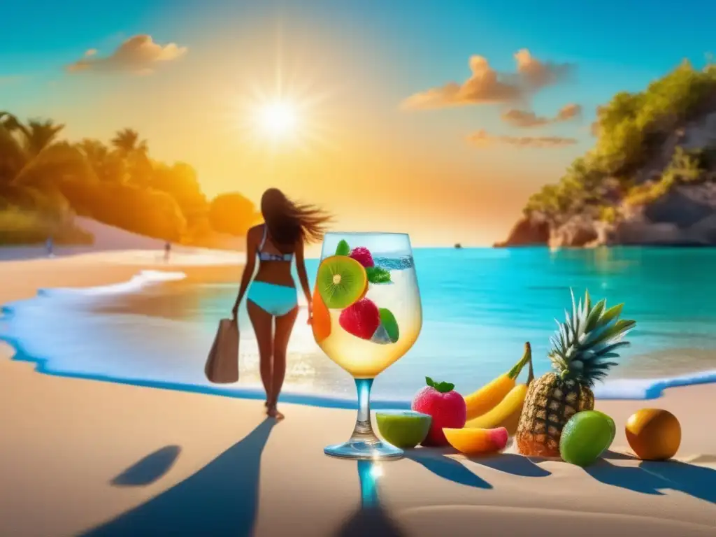 Viajero disfrutando playa y frutas, hidratación saludable Consejos para evitar deshidratación en viajes: imagen vibrante de viajero en playa con agua turquesa y alimentos hidratantes