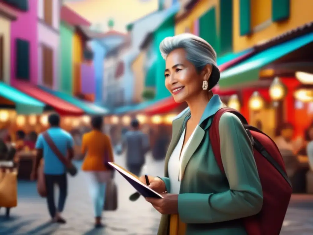 Viajero inmerso en cultura vibrante Viajero adulto inmerso en experiencia cultural, con beneficios de viajes lingüísticos para adultos