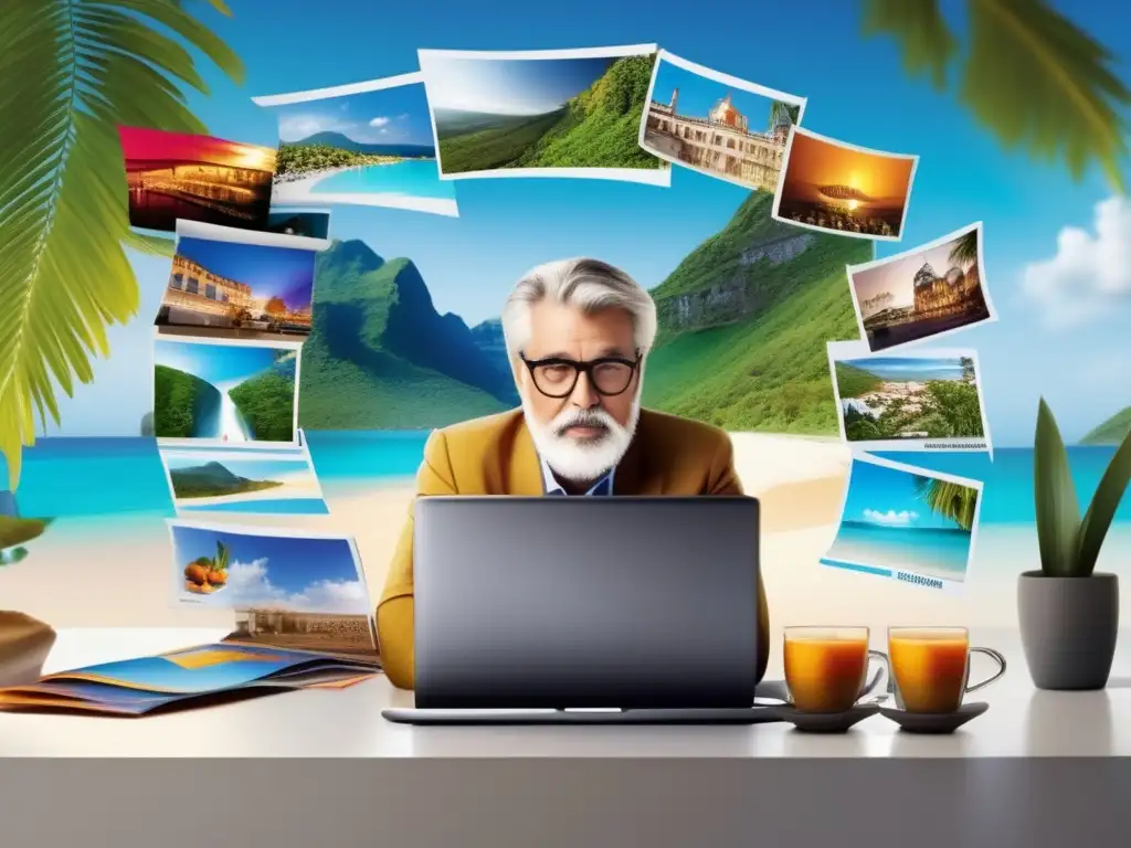 Viajero explorando destinos turísticos Consejos para evitar gastos inesperados en viajes: viajero investigando precios en laptop rodeado de folletos y notas en un escritorio moderno