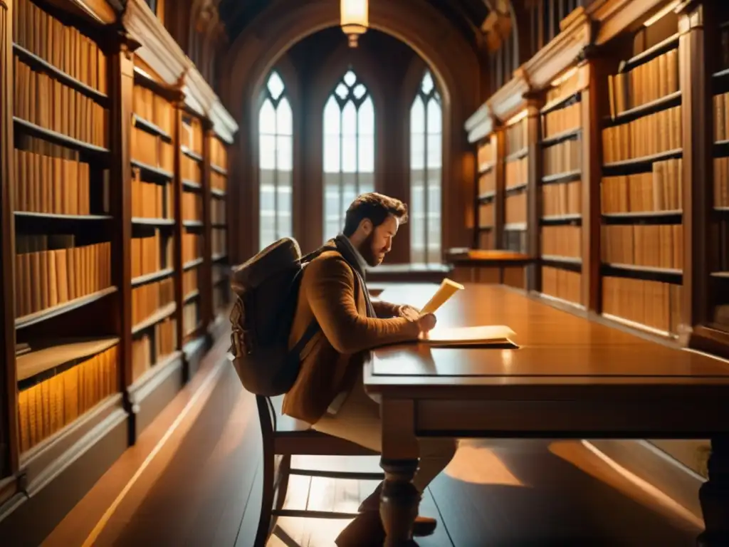Viajero investigando en biblioteca histórica Viajero estudiando genealogía en biblioteca iluminada, resaltando preservación investigación genealógica viajes