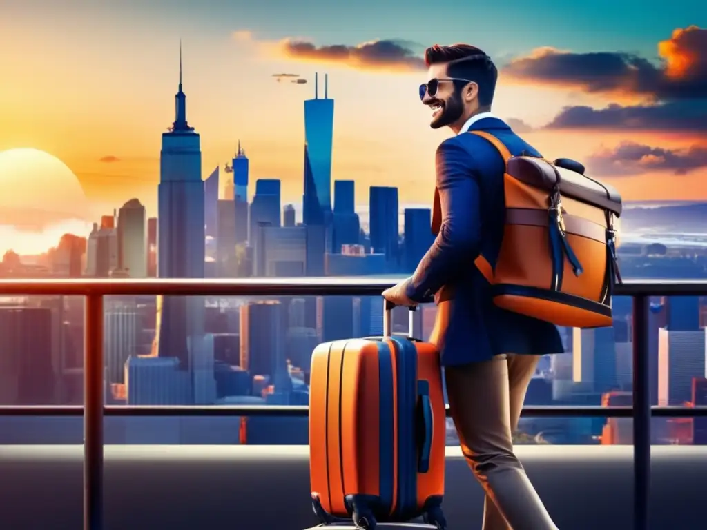 Viajando ligero y ahorrando dinero Consejos para viajar ligero y ahorrar: imagen de viajero feliz y moderno en vibrante ciudad, con maleta compacta y atuendo cómodo