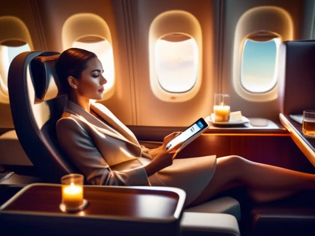 Viajero disfrutando de lujo en avión Viajero cómodo en cabina de lujo en avión - Preparación vuelo largo viajes médicos