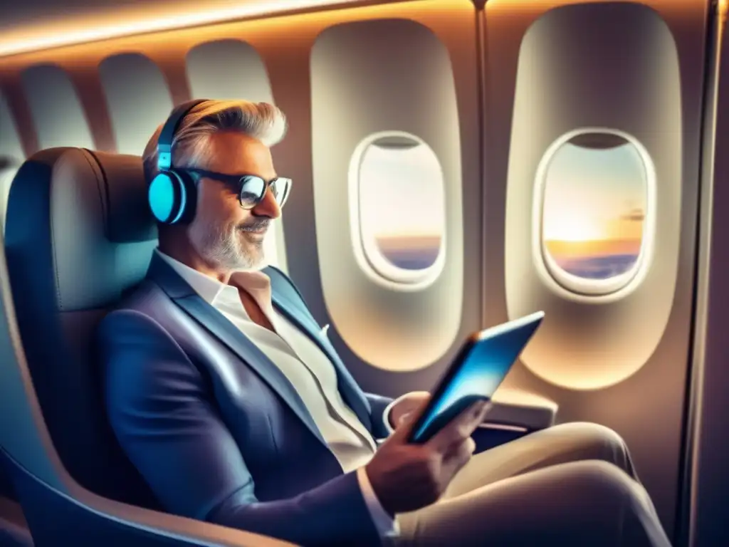 Viajero moderno usando tablet en avión Tecnología para ahorrar en viajes: viajero maduro usando tablet en avión moderno y elegante