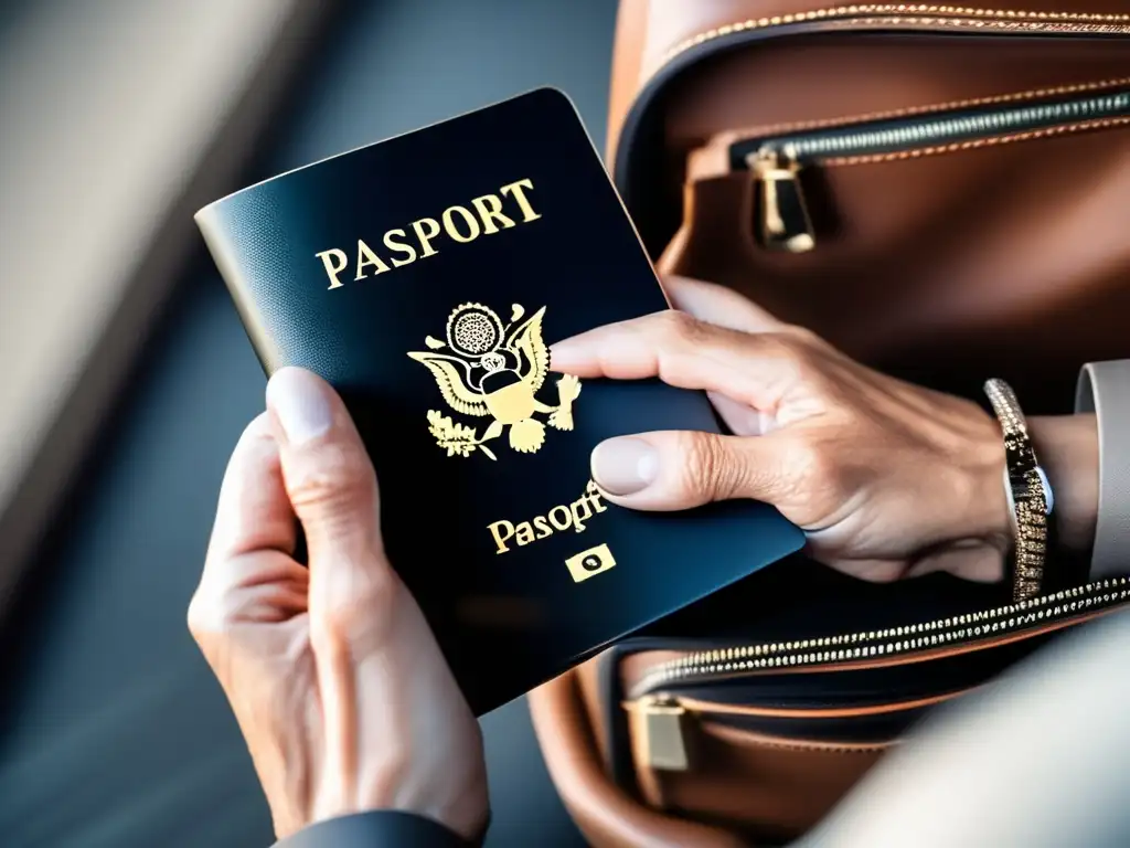 Seguridad y estilo en viajes Embalaje seguro para viajeros maduros, manos sosteniendo pasaporte, cartera y teléfono móvil
