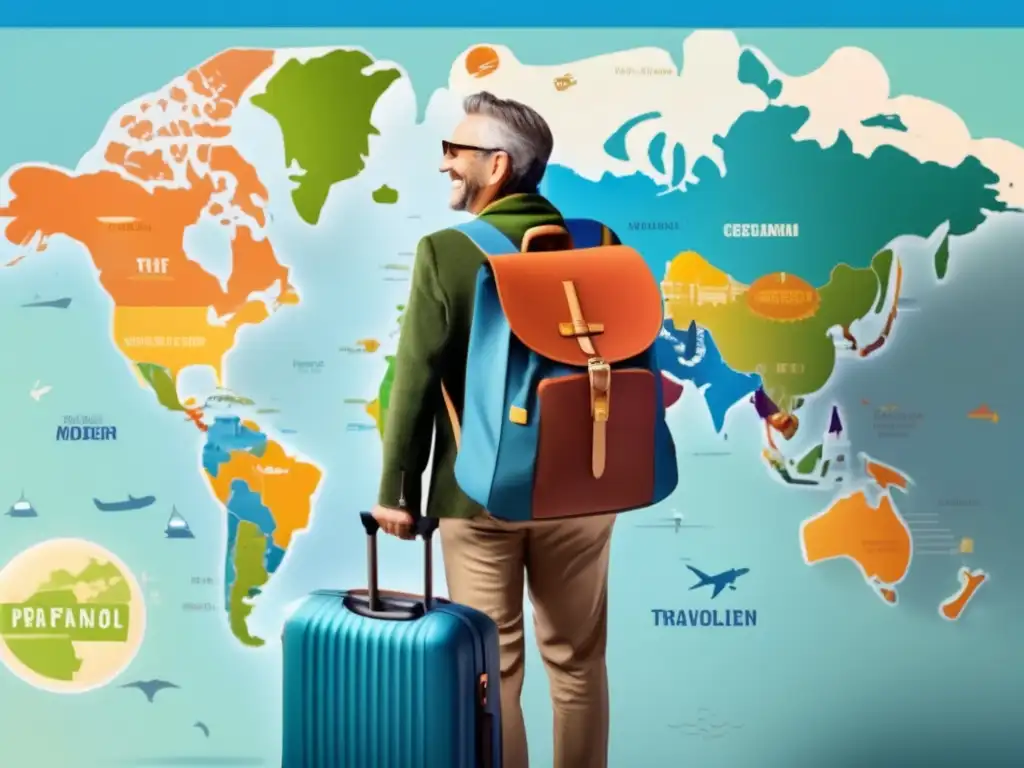 Viajero maduro con maleta frente a un mapa mundial Viajero maduro con maleta y mapa del mundo resaltando destinos, transmitiendo planificación y consejos para evitar el jet lag