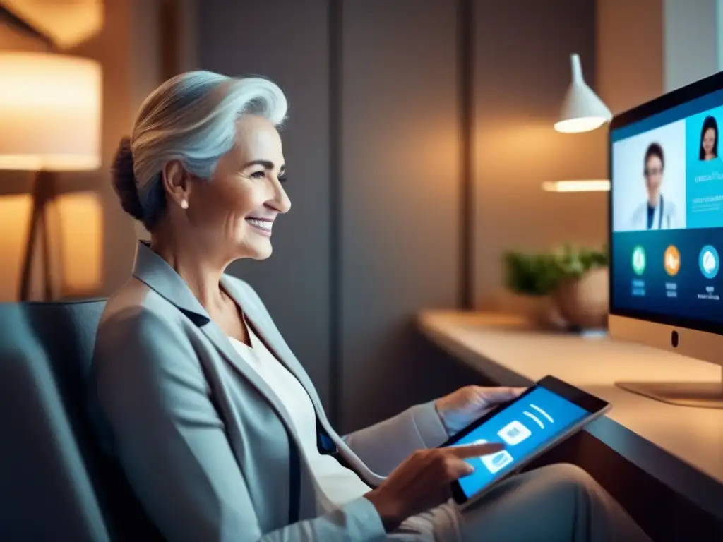 Viaje cómodo con telemedicina Ventajas telemedicina: viajero maduro disfruta comodidad, tecnología y atención médica virtual en habitación iluminada con vista panorámica