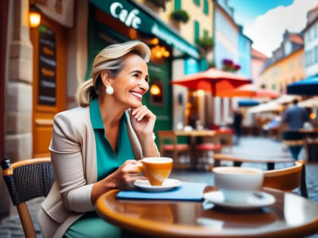 Viajero disfrutando de una aventura lingüística Un viajero maduro disfrutando de un café en una encantadora ciudad europea, sumergiéndose en un viaje lingüístico y cultural