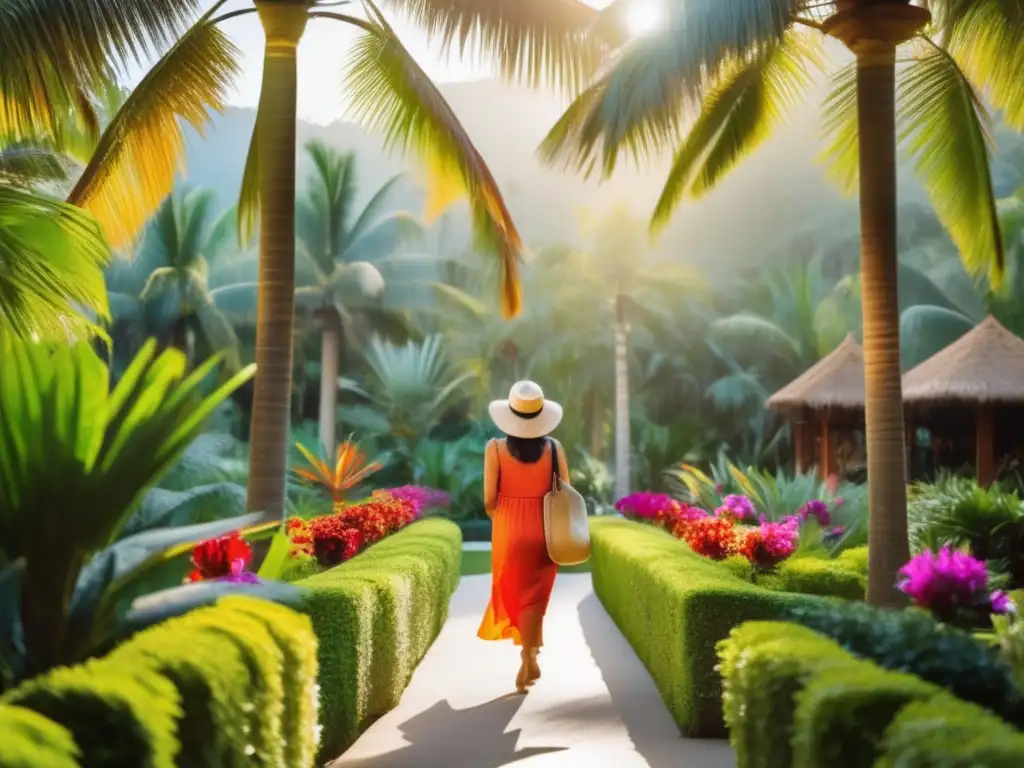 Cosmética natural para viajeros senior explorando jardines botánicos vibrantes, reflejando vitalidad y serenidad