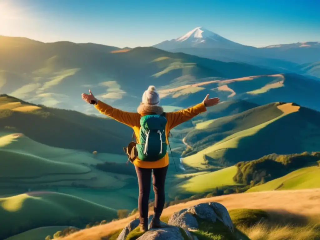 Aventura en la cima de montaña Viajero maduro en montaña, naturaleza y felicidad (Historias reales de viajeros maduros saludables)