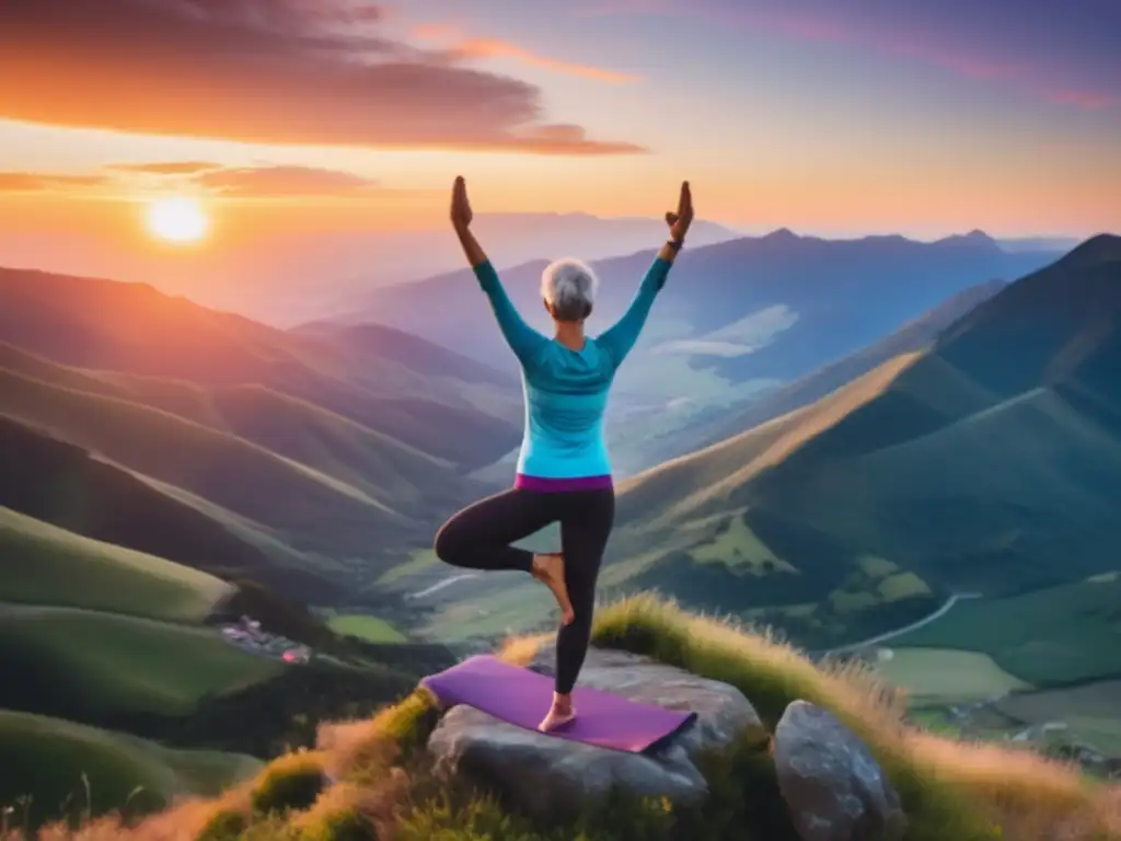 Viajero en la cima disfruta yoga al amanecer Ejercicios para viajeros maduros en montaña al amanecer