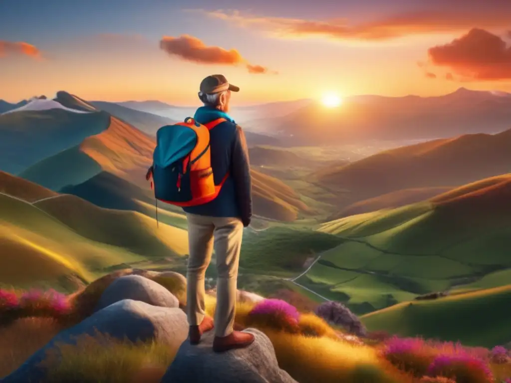 Viajero maduro en la cima de la montaña Consejos para viajeros maduros: Viajero confiado en una montaña, disfrutando de un atardecer impresionante