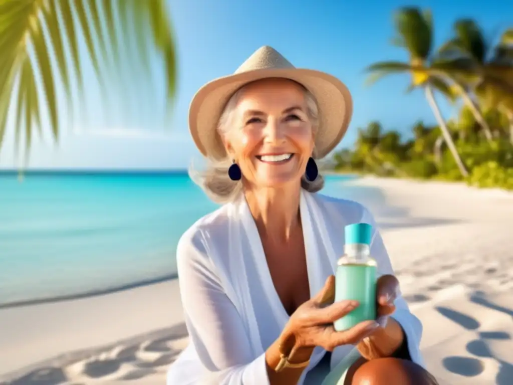 Cosmética natural para viajeros senior en una playa paradisíaca con palmeras y agua turquesa