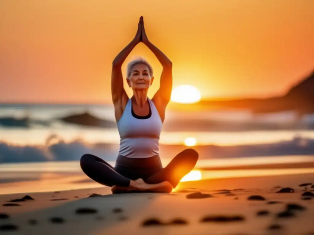 Viajero maduro haciendo yoga en la playa Rutina de ejercicio para viajeros maduros en una playa pintoresca al atardecer