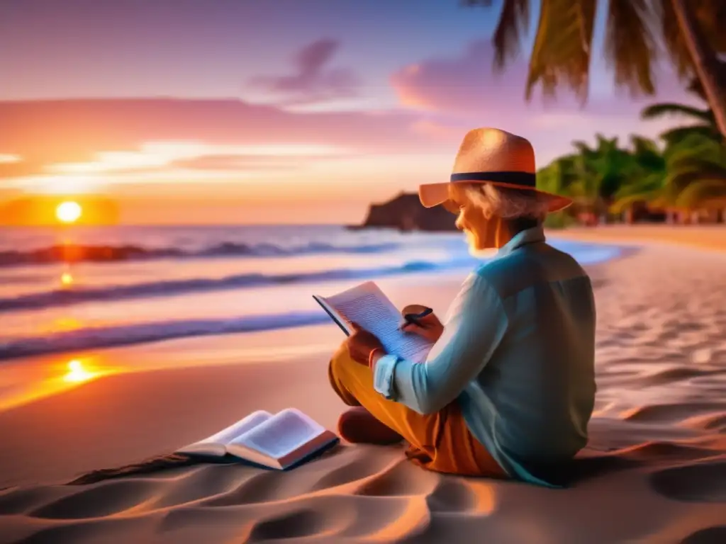 Aprende idiomas en la playa al atardecer Viajero maduro aprendiendo idiomas en la playa al atardecer - Aprender idioma viajando adultos