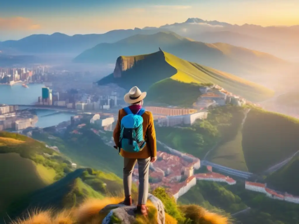 Aventura en la cima con vista a la ciudad Viajes lingüísticos para viajeros maduros en una montaña con ciudad vibrante