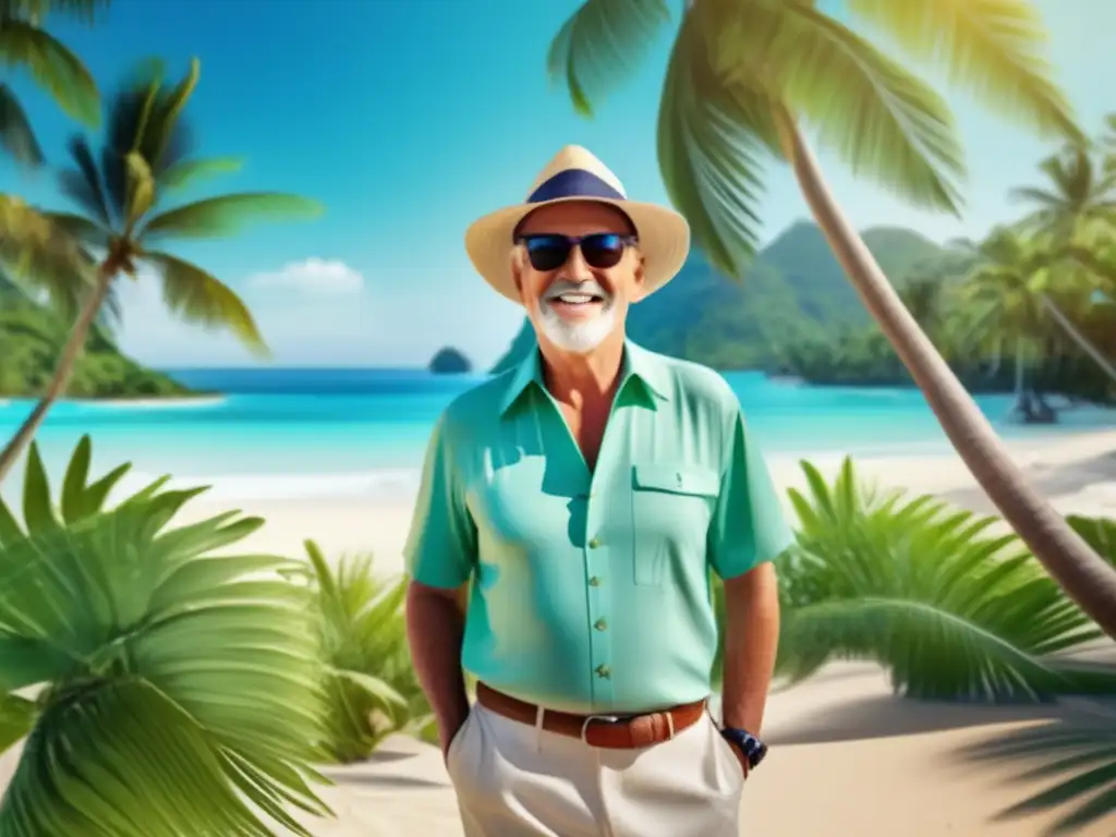 Viajero maduro en paisaje tropical vibrante Viajero maduro en paisaje tropical, con ropa cómoda y lista de vacunas recomendadas