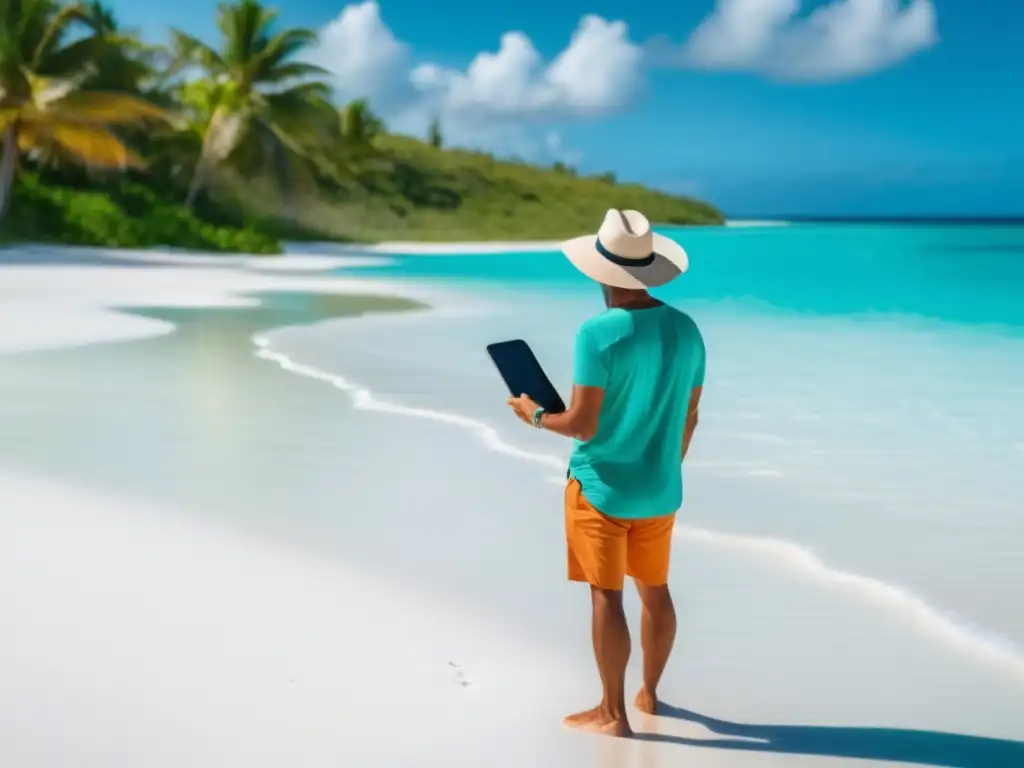 Viajero maduro en playa paradisíaca Un viajero maduro disfrutando de una playa de arena blanca en Oceanía