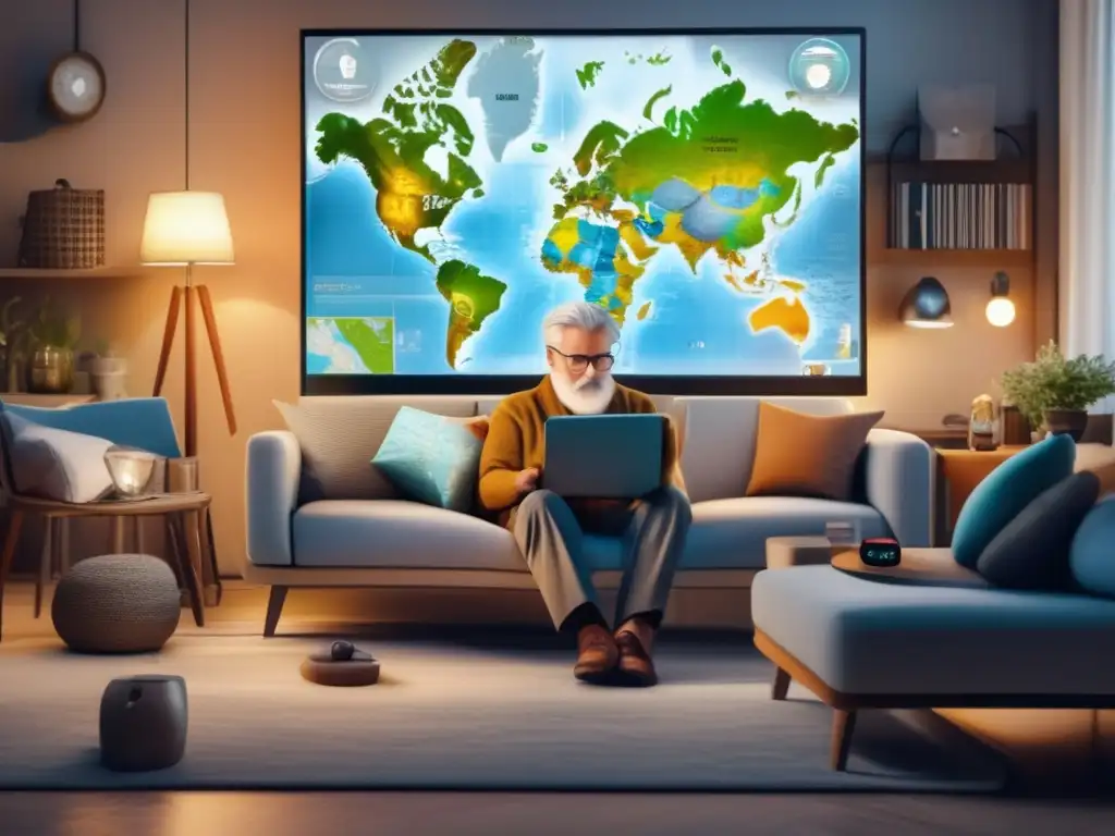 Viaje tecnológico cómodo para adultos mayores Tecnología para viajes adultos mayores: hombre maduro en sala moderna con smartphone y objetos de viaje