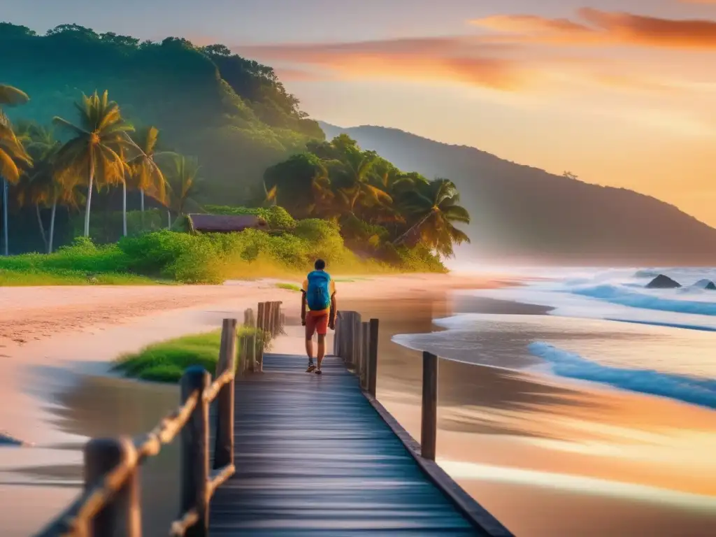 Paisaje costero sostenible con viajero maduro Destino sostenible: Viajero maduro explorando paisaje costero tranquilo con aguas cristalinas y hermosa vegetación