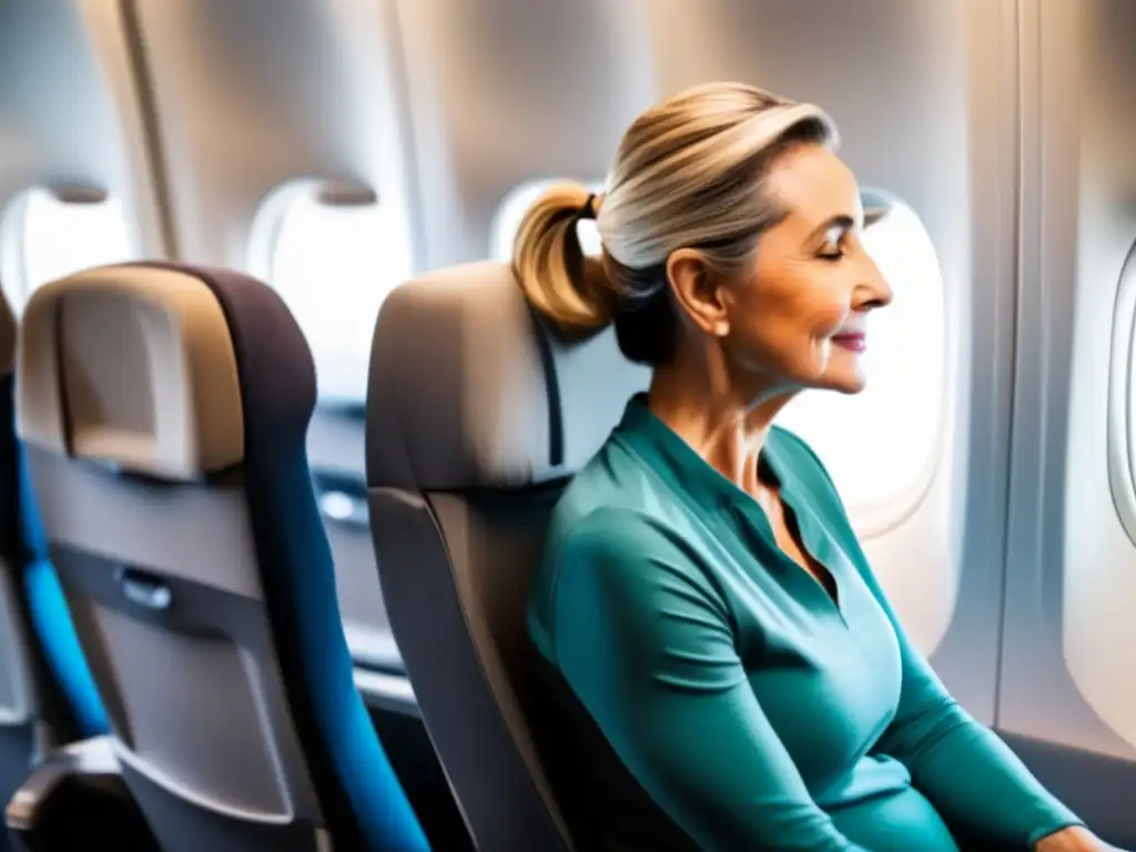 Ejercicio de estiramiento de cuello en avión Ejercicios de postura para viajeros maduros, estiramiento de cuello en avión