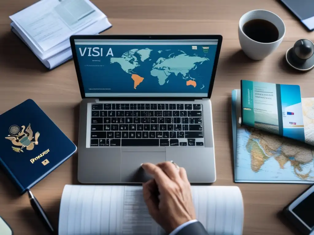 Viajero maduro planificando visa Un viajero maduro revisando procesos de visado y organizando documentos