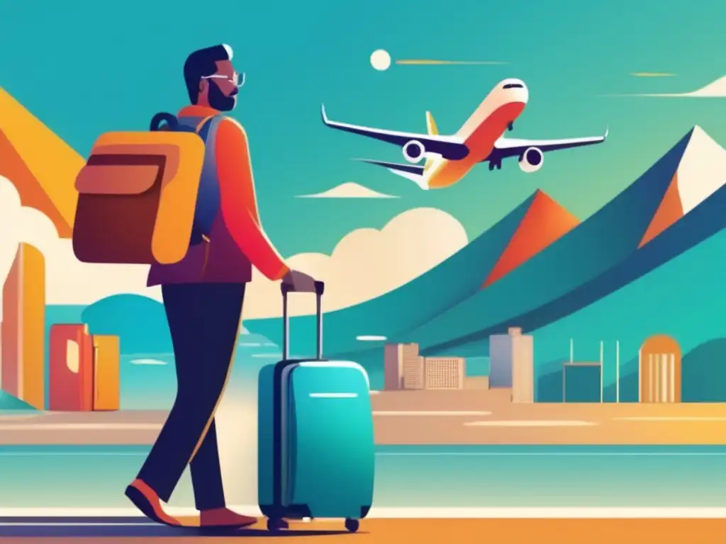 Viajero maduro listo para su viaje Embalaje seguro para viajeros maduros: imagen de un viajero listo con maleta moderna, documentos médicos y pasaporte, frente a la ciudad