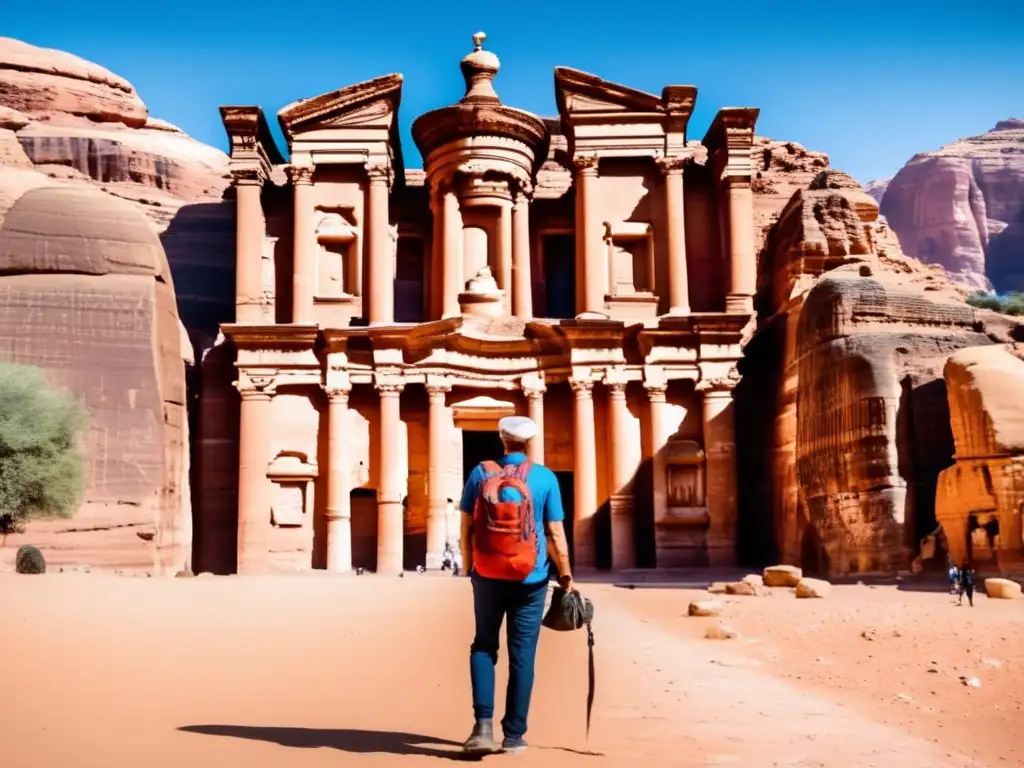 Viajero maduro explorando ruinas de Petra, un destino seguro en Medio Oriente