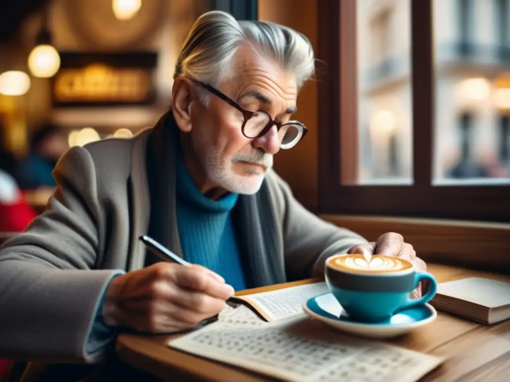 Viajero mayor resolviendo crucigrama en café europeo Viajero senior concentrado en desafío mental en café europeo vibrante