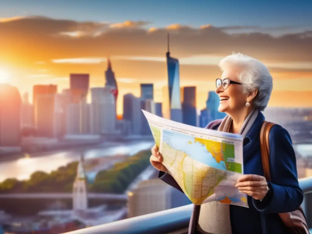 Viajero senior confiado en una ciudad vibrante Viajero senior con mapa en ciudad vibrante - Consejos de seguridad para viajeros seniors principiantes
