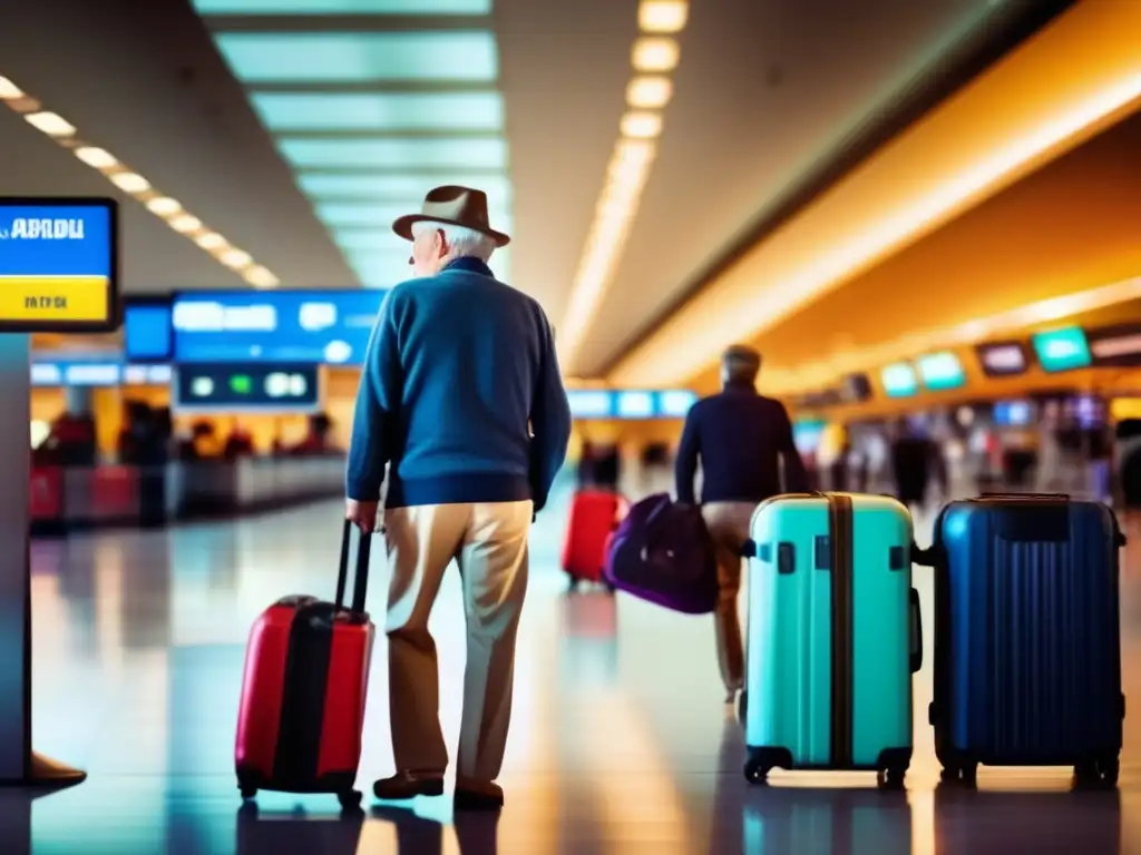Preocupado viajero mayor esperando su equipaje Un viajero mayor preocupado en el aeropuerto, esperando su equipaje en una vibrante escena de equipajes de diferentes tamaños y colores
