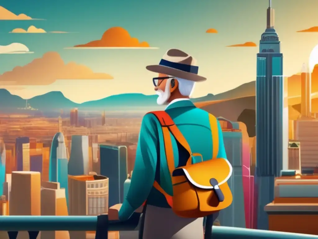 Viajero senior seguro con riñonera moderna Consejos antirrobo para viajeros seniors: Senior traveler con riñonera o cinturón seguro frente a vibrante ciudad