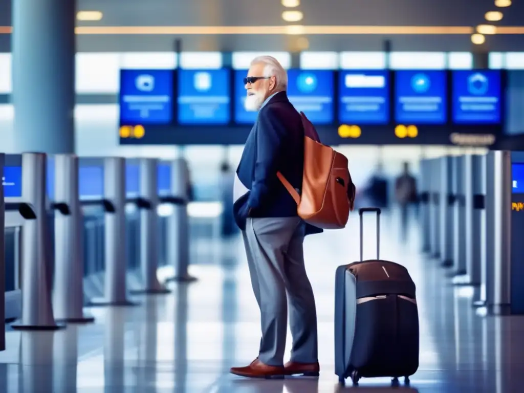 Viajero mayor seguro y confiado Viajero mayor seguro en aeropuerto - Precauciones de seguridad para viajeros mayores en destinos extranjeros