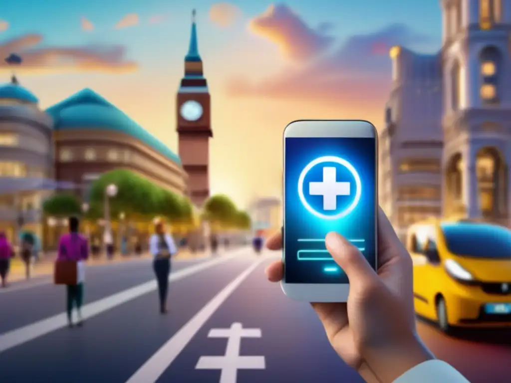 Viajero con información médica en ciudad vibrante Consejos de salud para viajeros maduros en ciudad con famoso monumento