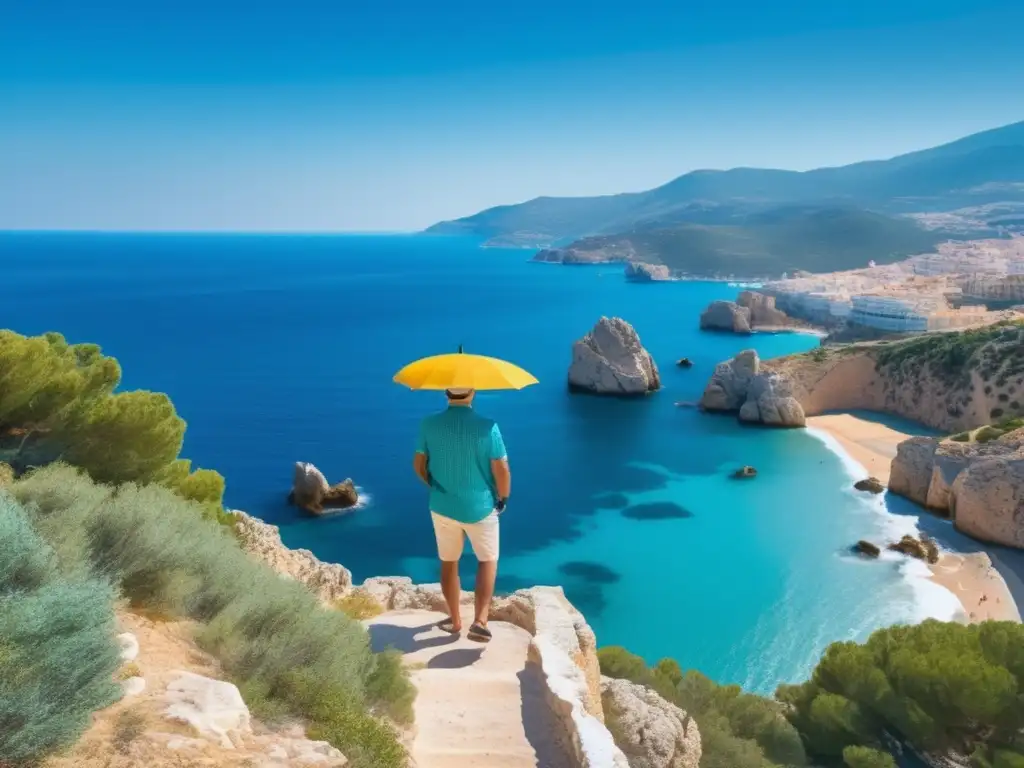 Viajero admirando la costa mediterránea de España Viajero maduro planificando aventuras en la costa española