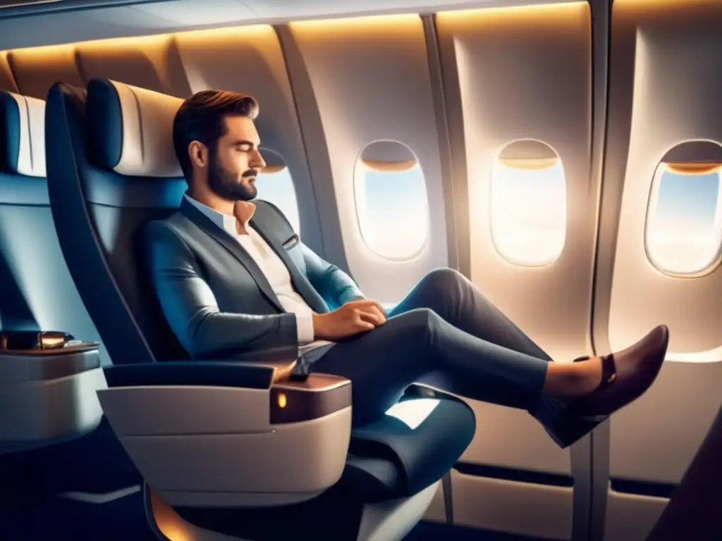 Viajero moderno con artritis en asiento de avión de lujo Consejos para viajar con artritis: cómodo y lujoso asiento de avión con ajustes ergonómicos y vistas impresionantes