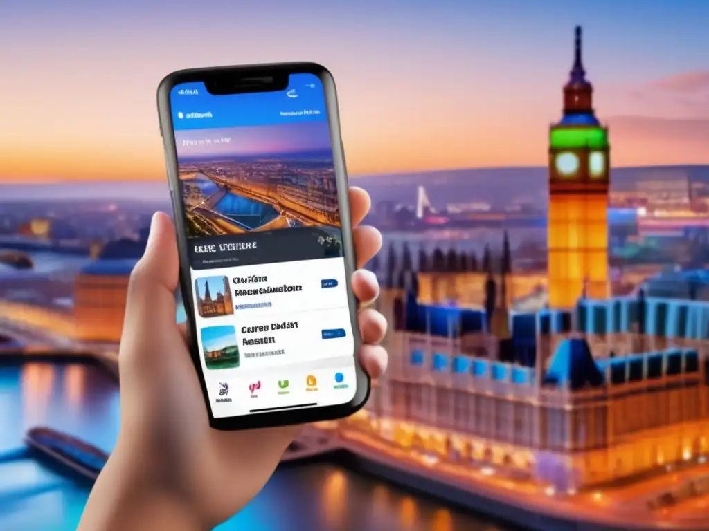 Viaje inteligente con smartphone Ventajas de usar smartphone como guía turística: persona sonriente frente a un hermoso lugar con mapa y recomendaciones (110 caracteres)