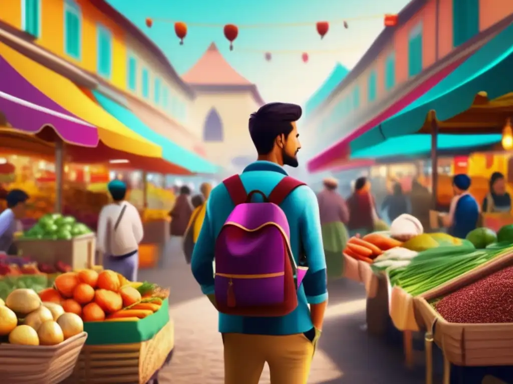Viajero moderno en vibrante mercado Un viajero moderno en un bullicioso mercado extranjero
