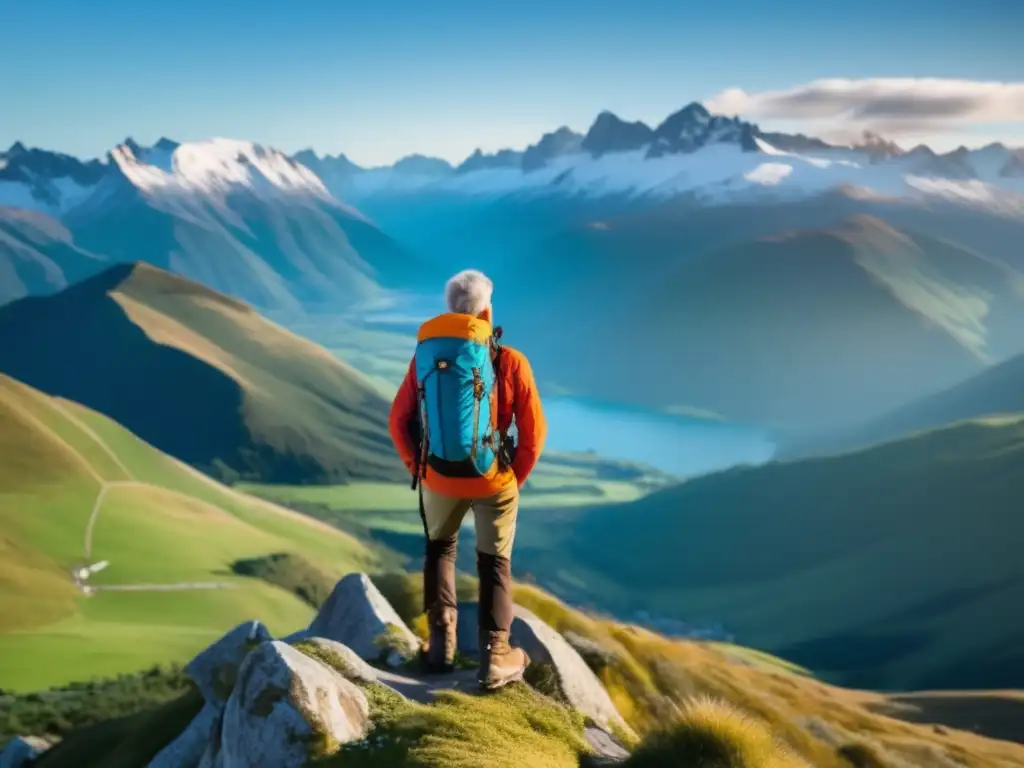 Viajero en la cima de la montaña Viajero maduro disfrutando de la vista panorámica en la montaña - Preparación física segura para viajeros maduros