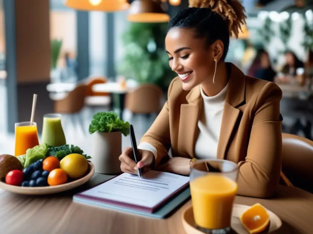 Consulta nutricional en café vibrante Viajero aprendiendo sobre cómo el cambio horario afecta la dieta