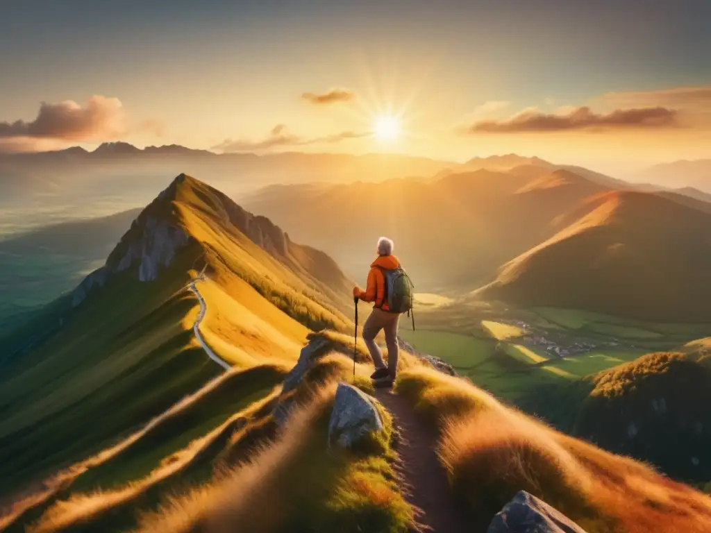 Un viajero feliz en la cima de una montaña Consejos optimistas para viajeros maduros: disfruta la belleza de la naturaleza