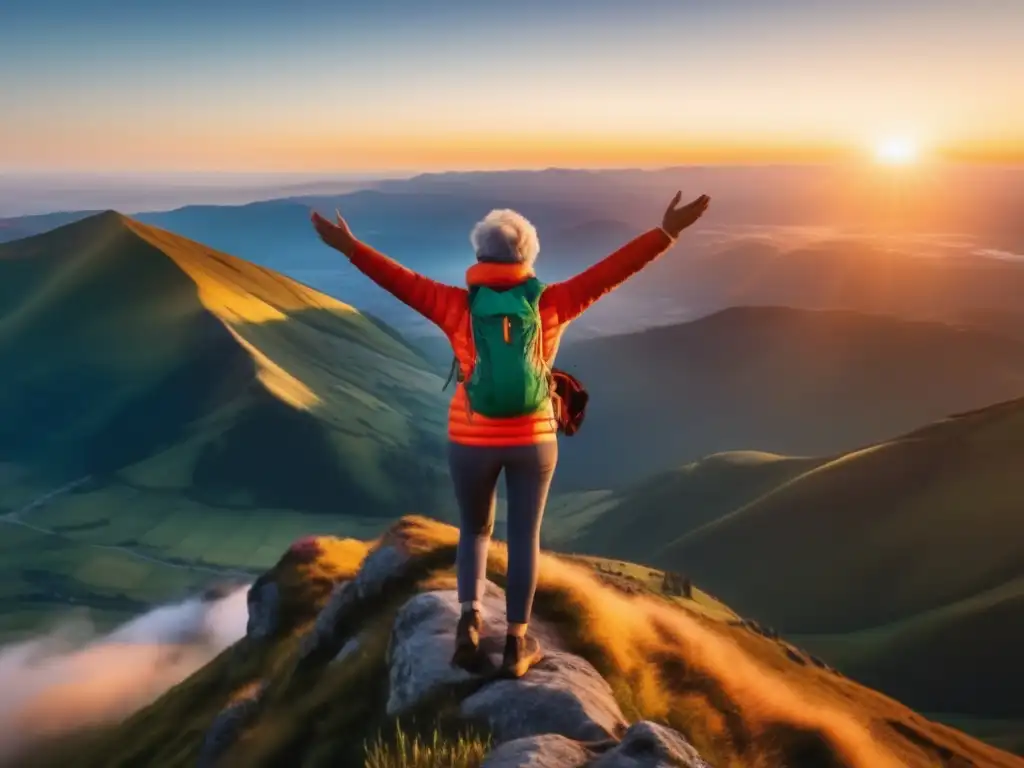 Viajero feliz en la cima de la montaña Viajero maduro disfrutando paisaje montaña con optimismo