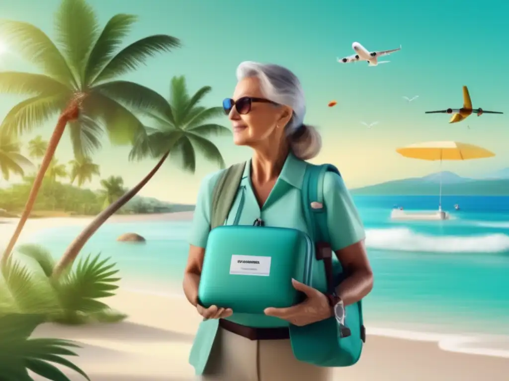 Viajero preparado en playa paradisíaca Herramientas viajero maduro: kit médico, playa serena, aguas turquesas, palmeras, preparación, aventura, serenidad