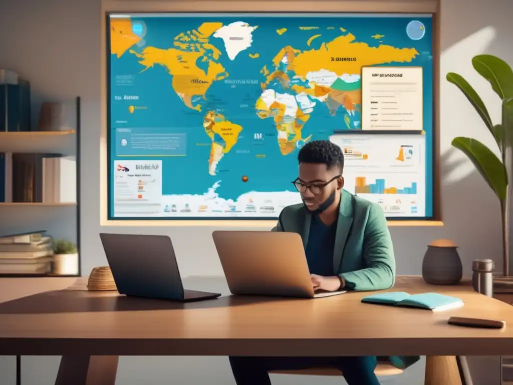 Viajero preparado para viaje médico Preparativos viaje médico seguros: viajero aprendiendo idiomas, laptop con app de traducción, documentos médicos organizados