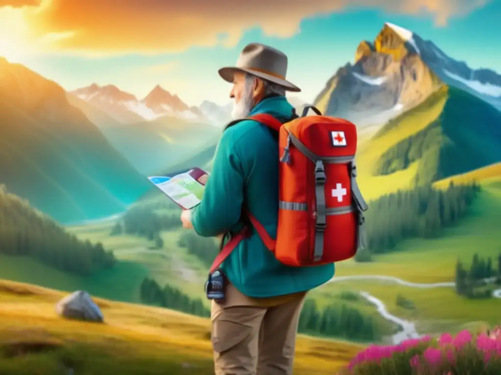 Viajero preparado con kit de primeros auxilios Herramientas primeros auxilios viajeros maduros en paisaje montañoso