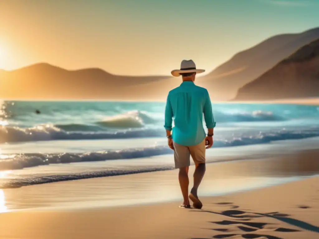 Viajero protegido en hermosa playa Consejos saludables para viajeros maduros en una hermosa playa con agua turquesa y protección solar adecuada