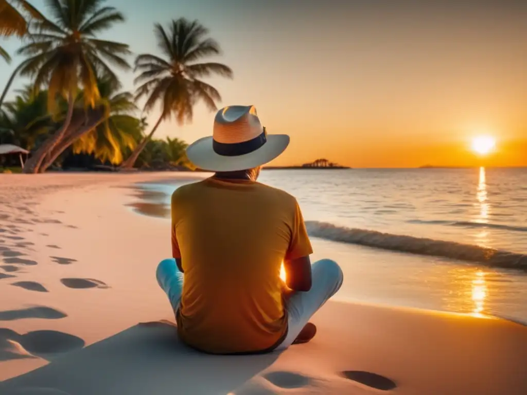 Viajero tranquilo en playa paradisíaca Un viajero maduro disfrutando de una playa serena rodeado de palmeras y aguas turquesas